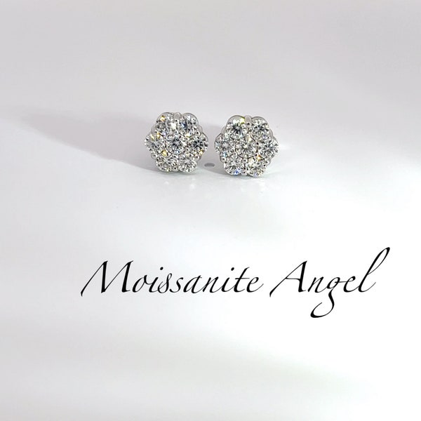 Moissanite Earrings Studs  Cluster 2 carat each ear screw backs