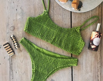 Two Piece Bikini Set, Green, Red, Pink, Crop Top Style Design