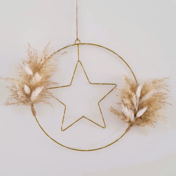 Türkranz, Fensterdeko, Advent, Trockenblumen Kranz mit Beleuchtung Luxus Deko Flower Hoop Kranz Metallring mit Stern 30cm in Gold