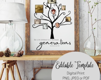 Editable Family Tree Printable with Photos and Bible Verse- Personalized Family Tree Printable- Wall Hanging - Digital Download- Deutoronomy