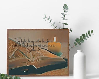 The Light Shines in the Darkness Digital Print File - Bible Verse Printable- Wall Hanging- Framed Art- John 1:5 - Clip Art - PNG -PDF- JPG