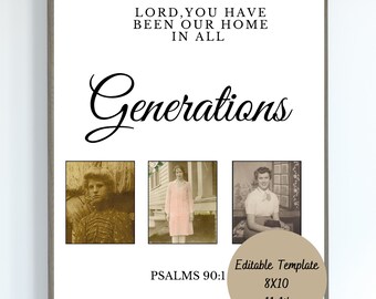 Editable Family Photo Templates for Wall Hangings - Generations-Ancestry-Bible Verse-Canva Template