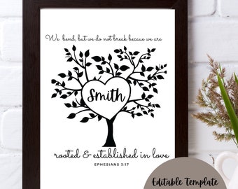 Editable Family Tree with Bible Verse, Ephesians 3:17, Rooted & Established, Bend but Don't Break, Three Sizes