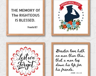 Memorial Day Digital Prints with Bible Verses - 4x4 inch- SVG, PDF, PNG - digital download for framing, crafting, tiered tray signs