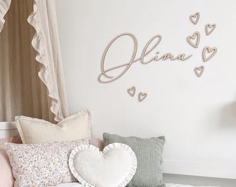 Personalized Wooden Name Sign with 6 Hearts, Nursery Wall Decor, Custom Wood Name, Baby Room Natural Plywood Sign