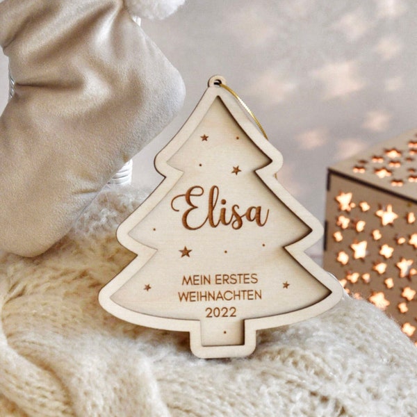Personalisierter Weihnachtskugel mit Name aus Holz ,Christbaumschmuck, Baby's First Christmas Decoration Bauble,  Christmas wooden ornament
