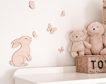 Wanddeko Hase mit Schmetterlingen aus Holz, Babyzimmer Dekoration, Kinderzimmer Holzdeko Tiere, Wandtattoo Holz, Geschenk Geburt