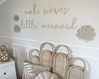 Make waves little mermaid Schriftzug, Wanddekko, Babyzimmer Deko aus Holz, Kinderzimmer, wall decoration, baby, nursery, surfing