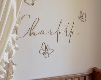 Personalized Wooden Name Sign with butterflies, Nursery Wall Decor, Custom Wood Name, Baby Room Natural Plywood Sign