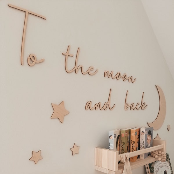 Wooden wall inscription To the moon and back, wall decor, nursery decoration, stars, baby room, Babyzimmer, Schriftzüge, Wandschriftzüge