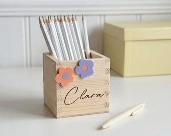 Personalisierte Stiftebox Holz mit Namen, Stiftehalter Gravur, Geschenk zur Einschulung, Schulanfang, Schreibtisch Organizer Kind