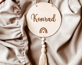 Personalized wooden sign with a baby name, nameplate, and tassel, nursery, babyroom, Babyzimmer, Namensschild personalisiert aus Holz