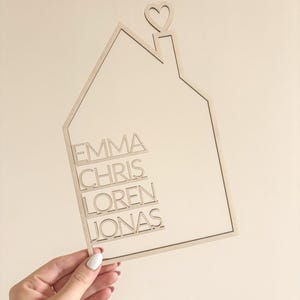 May include: A wooden house-shaped sign with the names "Emma", "Chris", "Loren", and "Jonas" inscribed on it. The house has a heart-shaped chimney.