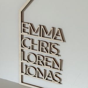 May include: Wooden house-shaped sign with the names Emma, Chris, Loren, and Jonas written in a modern font.
