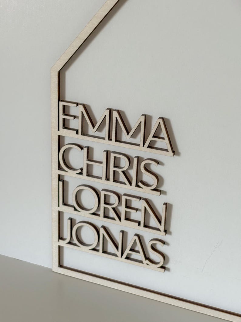 May include: Wooden house-shaped sign with the names Emma, Chris, Loren, and Jonas written in a modern font.
