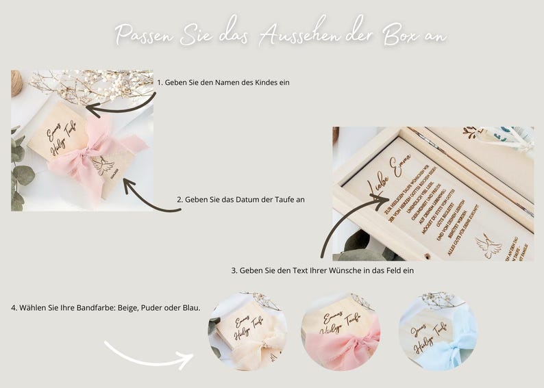 May include: A wooden box with a personalized inscription, "Liebe Emma", and a dove design. The box is decorated with a pink ribbon and can be customized with a name, date, and message.