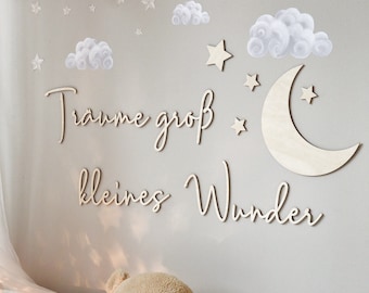 Träume großes kleines Wunder Schriftzug, Wanddekko, Babyzimmer Deko aus Holz, Mond und Sterne an der Wand, Kinderzimmer