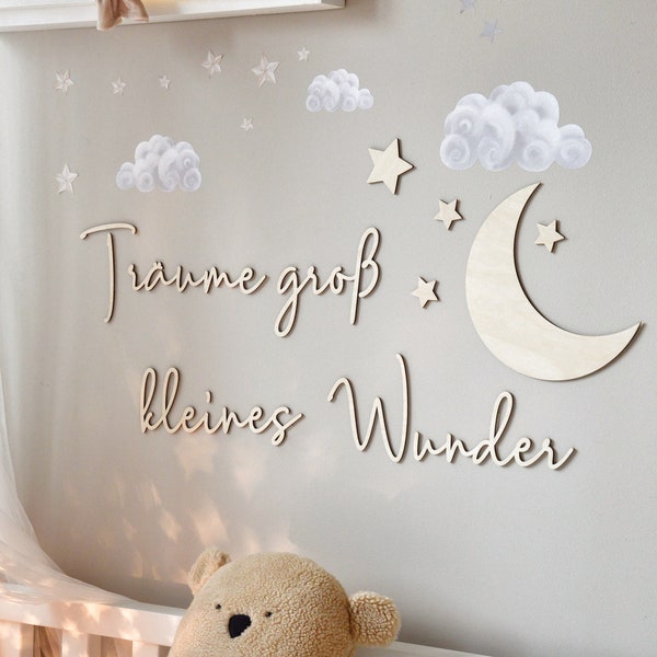 Träume großes kleines Wunder Schriftzug, Wanddekko, Babyzimmer Deko aus Holz, Mond und Sterne an der Wand, Kinderzimmer