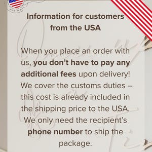 May include: A white background with text in black font, including the words "Information for customers from the USA." An American flag is in the upper right corner, and a USA Air Mail stamp is in the upper left.