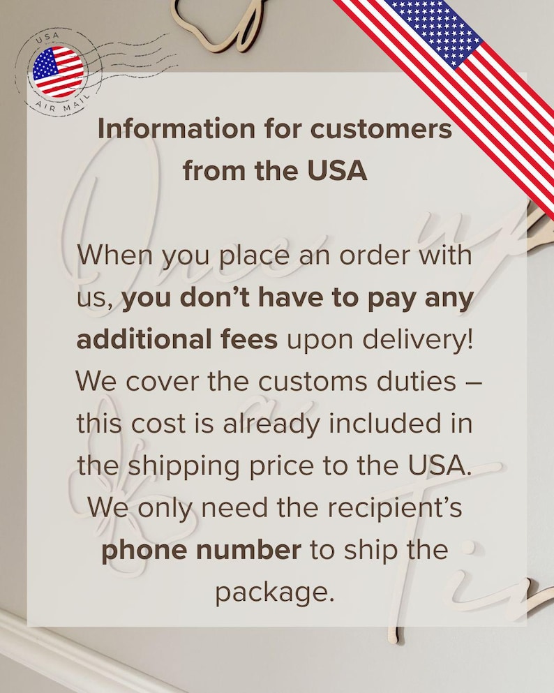 May include: A white background with text in black font, including the words "Information for customers from the USA." An American flag is in the upper right corner, and a USA Air Mail stamp is in the upper left.