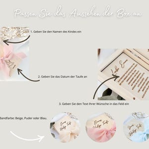 Pu&ograve; includere: Una scatola di legno con un'iscrizione personalizzata per un battesimo. La scatola &egrave; decorata con un nastro e un motivo di colomba. L'iscrizione recita "Liebe Emma" e "Holy Taufe".