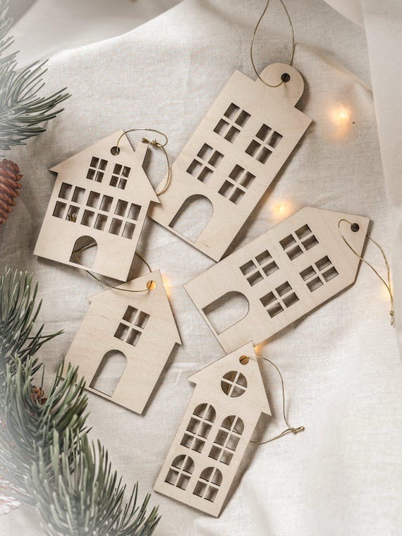 5er-Set Holz Weihnachtsanhänger Häuser, Christbaumschmuck, Skandinavische Weihnachtsdeko, Häuser Weihnachtsdeko, Christmas tree houses decor