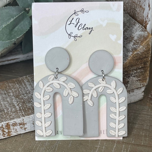 Gray Arch with White Vine Clay Earrings | Handmade and Lightweight