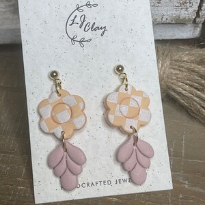 Peach Checkerboard Flower with Dusty Pink Leaf Clay Earrings
