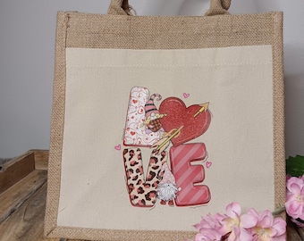 Valentinstags Tasche | Geschenktasche für Valentinsgeschenk | Tasche mit Love Aufdruck | Jute Tasche | Valentinstag