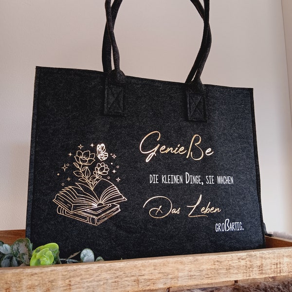 Filz Tasche mit inspirierendem Spruch – Genieße die kleinen Dinge für ein großartiges Leben | Geschenkidee | Weihnachtsgeschenk