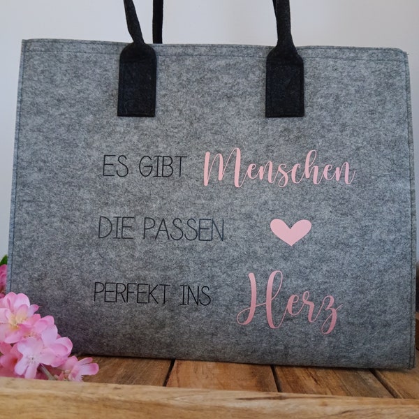 Filz Tasche | Filz Shopper | Es gibt Menschen die passen perfekt ins Herz | Tasche als Geschenk für deine Liebsten | Einkaufstasche aus FIlz