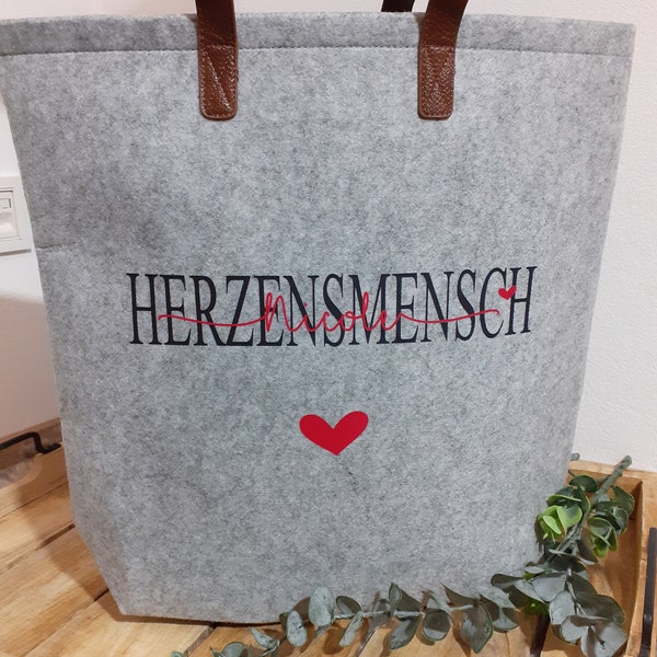 Personalisierte Tasche Filz Herzensmensch Shopper aus Filz Tasche mit Ledergriff  Einkaufstasche