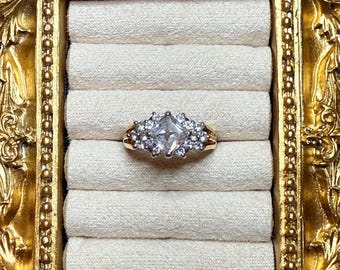 Vintage Princess Cut Crystal Ring | Gold Tone Cluster Ring | Romantic Style Statement Ring