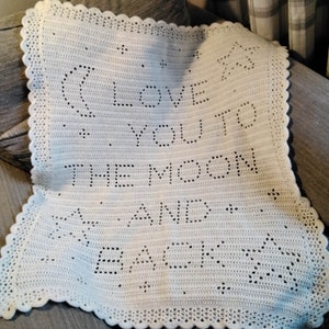 Filet Crochet Blanket Pattern , Love you to the moon & back PDF UK Terms (Updated Pattern)