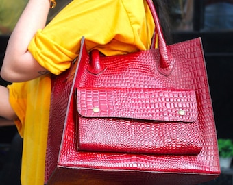 Cherry Red Crocodile Print Leather Tote Bag with Personalized Name Tag