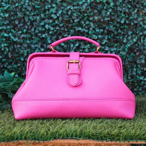 Leather doctor bag , pebble grain leather , top handle purse , pink , Limited Edition