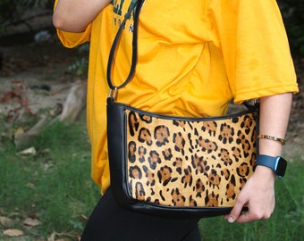Sling Bag mini , Genuine Leather , Leopard design ,adjustable shoulder strap , valentines day gifts for her