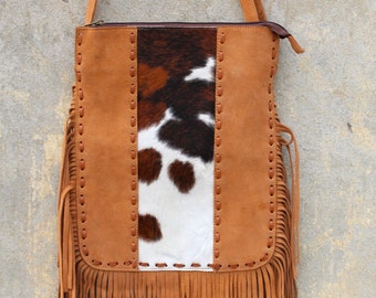 Crossbody tote , Fringe ,beige color, Handmade ,Dark Brown - white cowhide , travel bag , Mother's day gift