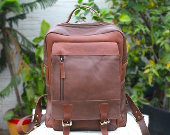 Leather Backpack , Vintage Brown color , Multiple Pockets , Genuine leather , Custom logo ,Travel bag , mens gifts christmas