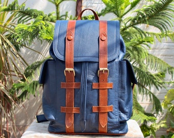 Capri Blue Leather Backpack: Vintage Travel Rucksack
