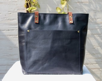 Navy Blue Leather Tote Bag: Personalized Women's Handbag
