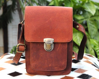 Vintage Brown Leather Crossbody Bag Men, Push Button Lock , Genuine Leather , gift for him