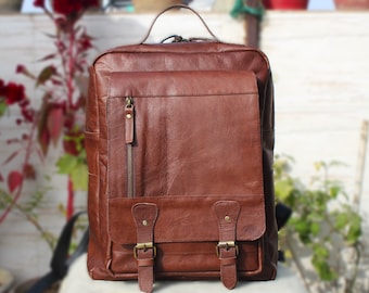 Leather Backpack , Dark Brown color , Genuine leather , Custom logo , Laptop Compartment , valentines gifts for him