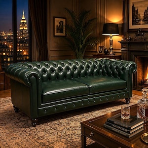 Handmade Chesterfield Leather Sofa, Green Genuine Leather Couch, Classic British Tufted Sofa, Luxury Living Room Furniture, Custom Sofa