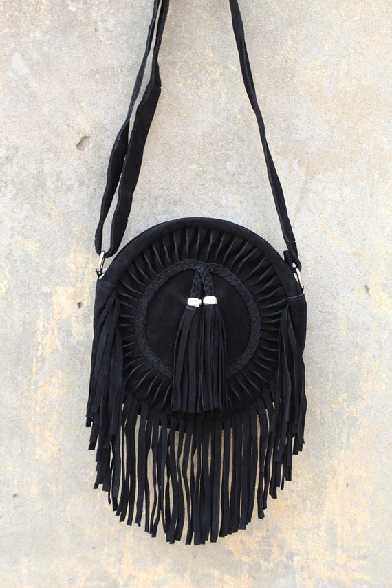 Bohemian Crossbody Bag With Fringe , Black Color , Boho
