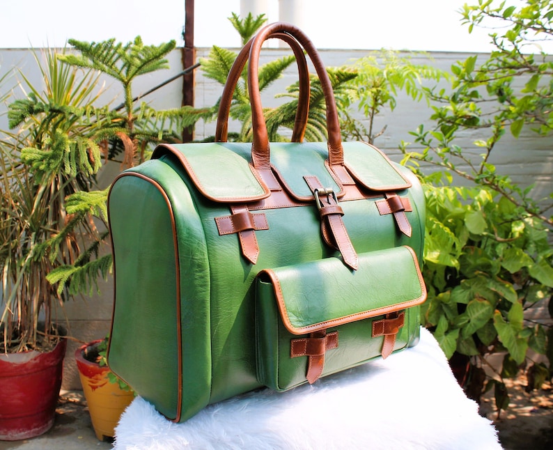 Green Leather Weekend Bag, Stylish Travel Bag bild 3