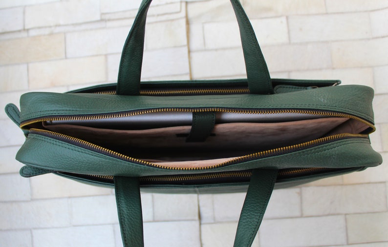 Genuine Leather Laptop bag , 14 inch Laptop compartment , emerald green color , adjustable shoulder strap, Birthday gift for him image 4