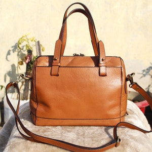 Women's Satchel Bag , light Tan Genuine Leather bag with crossbody strap image 1