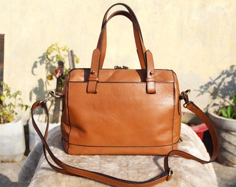 Women's Satchel Bag , light Tan Genuine Leather bag with crossbody strap