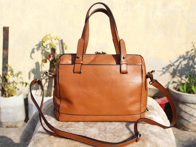 Women's Satchel Bag , light Tan Genuine Leather bag with crossbody strap image 1